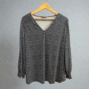 Adrianna Papell Black White Pattern Print Pullover Ruched Long Sleeve Top 1X